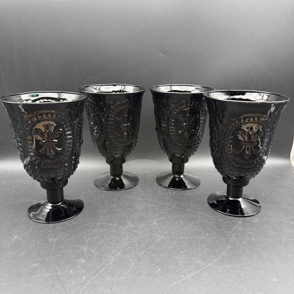 Vintage Fleur-de-lis Black Glass Chalice Goblets Set of 4 Gothic Revival Black
